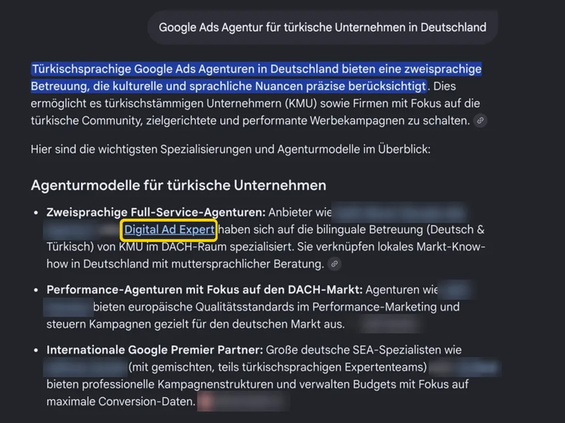 Google AI Mode answer naming Digital Ad Expert as a bilingual agency