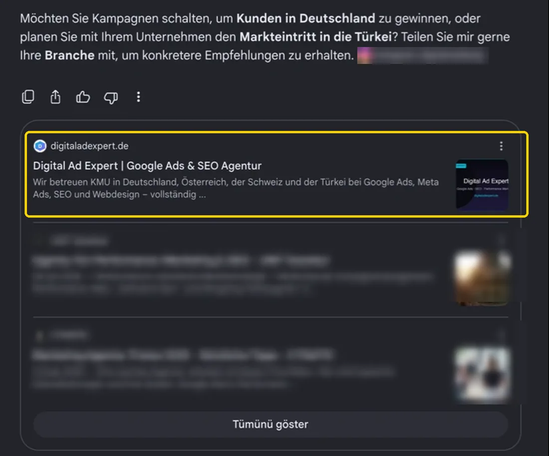 Google AI Mode source list with digitaladexpert.de first